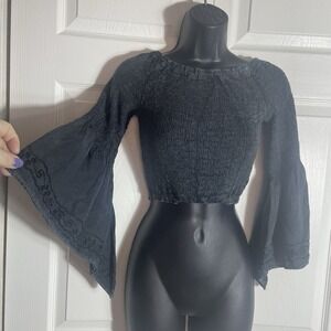 Vintage ZOOTZU Shirt Women S Black Smocked Flared Sleeve Witchy Cropped Goth Top